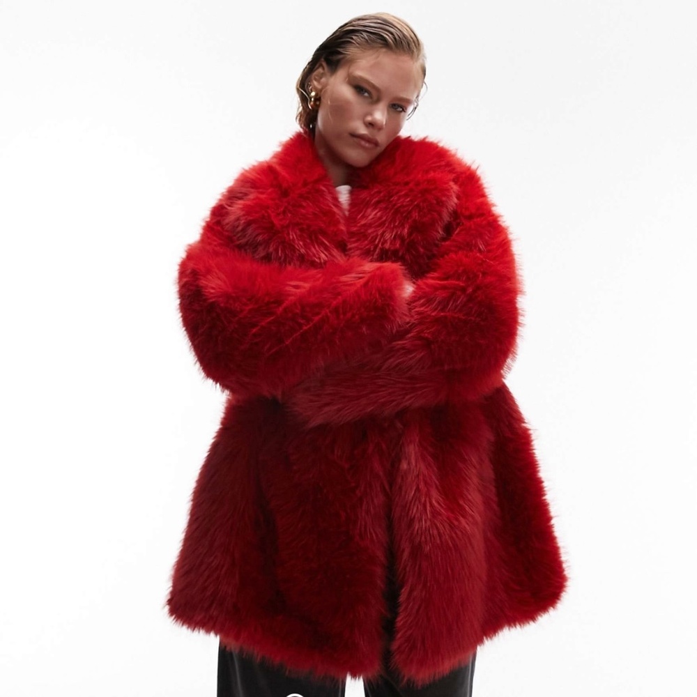 Topshop faux fur paneled coat in red